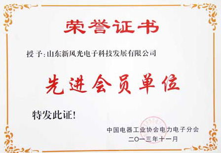 冠亚手机平台电子公司荣获中国电器工业协会电力电子分会“先进